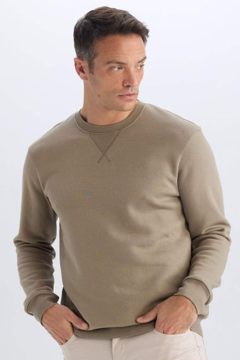 Regular Fit Crew Neck Basic Thick Sweatshirt - - Light brown