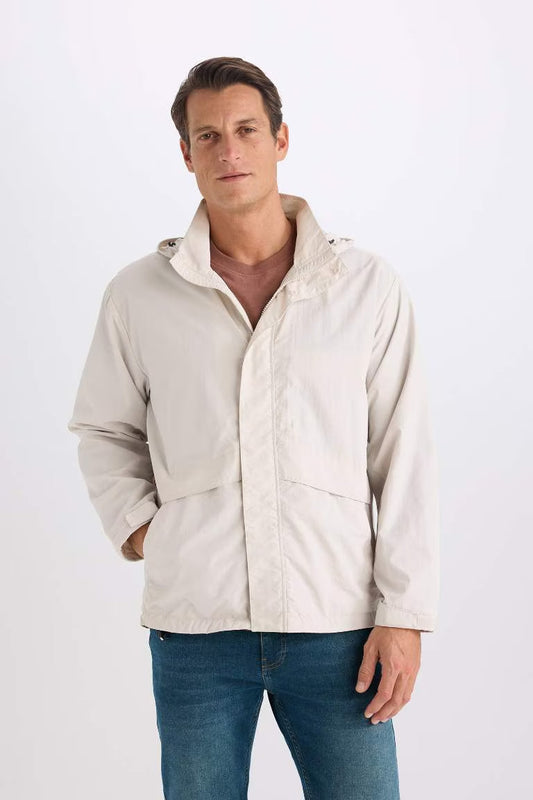 Regular Fit Hooded Zippered Raincoat - - stone