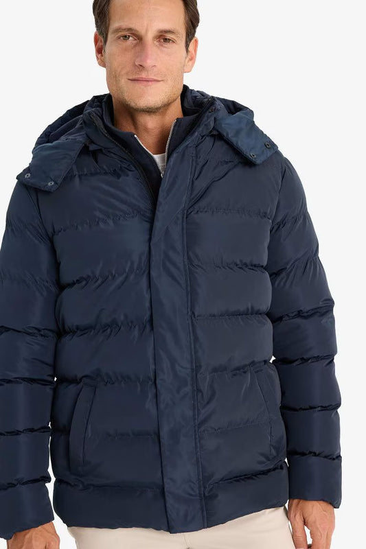 Regular Fit Hooded Zipper Snap Closure Puffer Jacket - - Navy