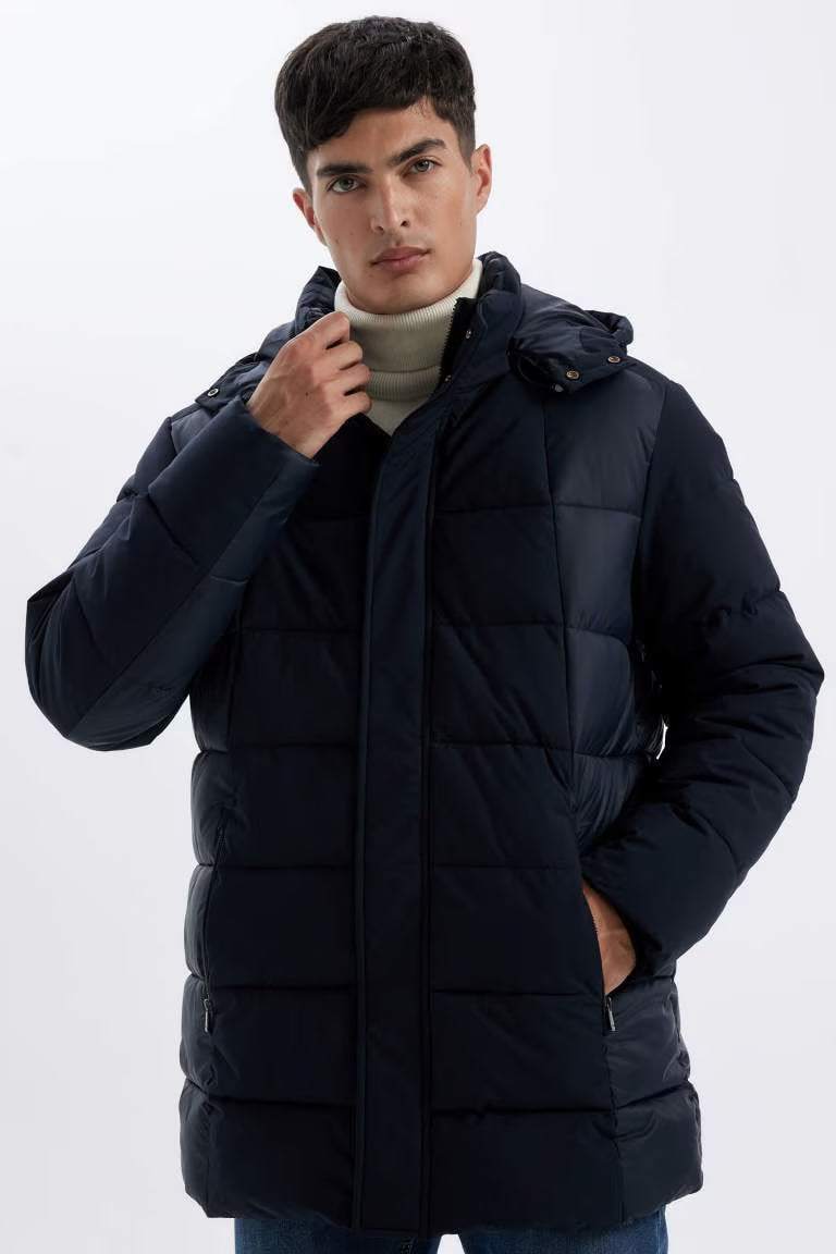 Slim Fit Hooded Half Lined Jacket - - Navy