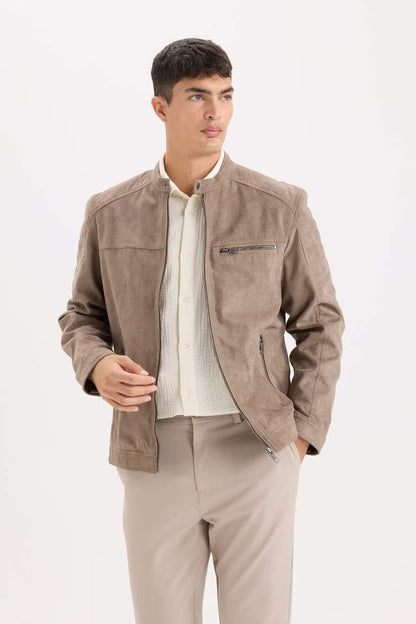Slim Fit Stand Collar Zippered Suede Look Jacket - - Vision