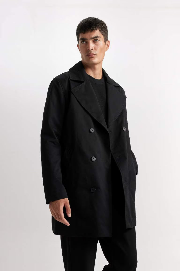 Slim Fit Buttoned Belted Trench Coat - -