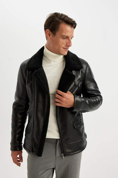 Slim Fit Lined Faux Leather Jacket - -