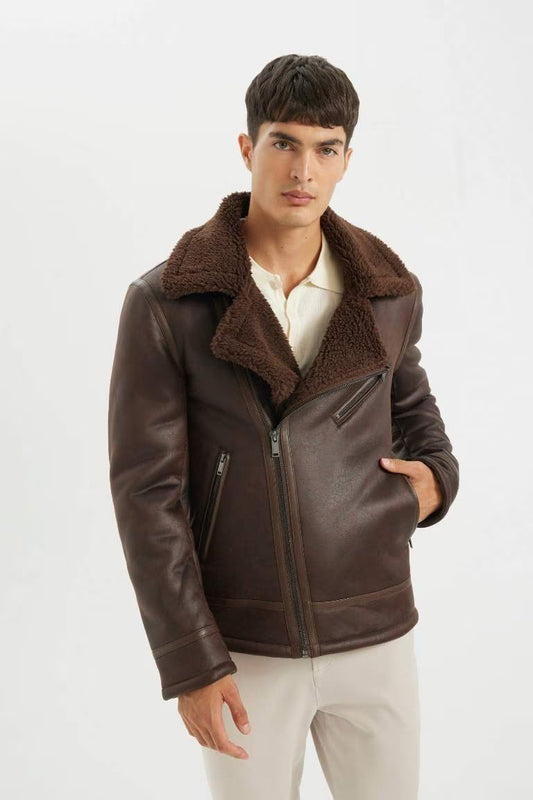 Slim Fit Faux Fur Lined Faux Leather Puffer Jacket - -