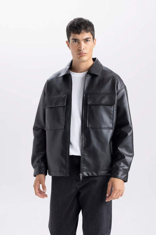 Oversize Fit Shirt Collar Zippered Waterproof Jacket - - Black