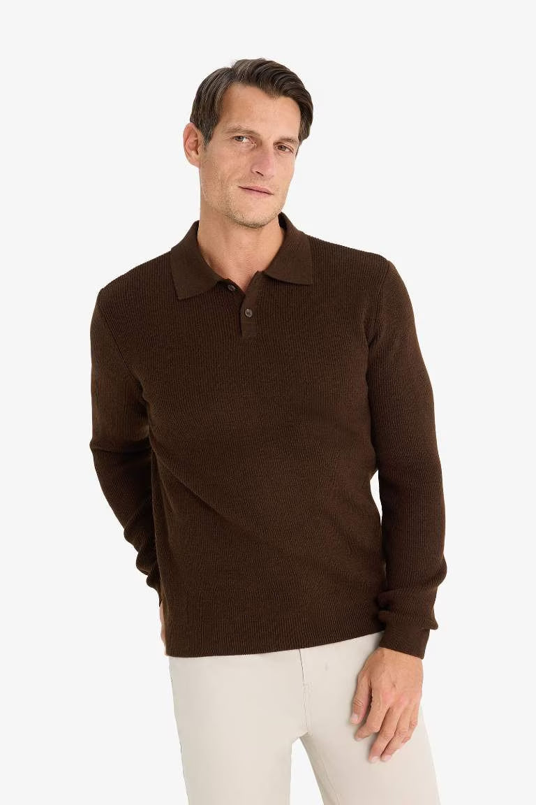 Standard Fit Polo Collar Knitwear Pullover - - Brown