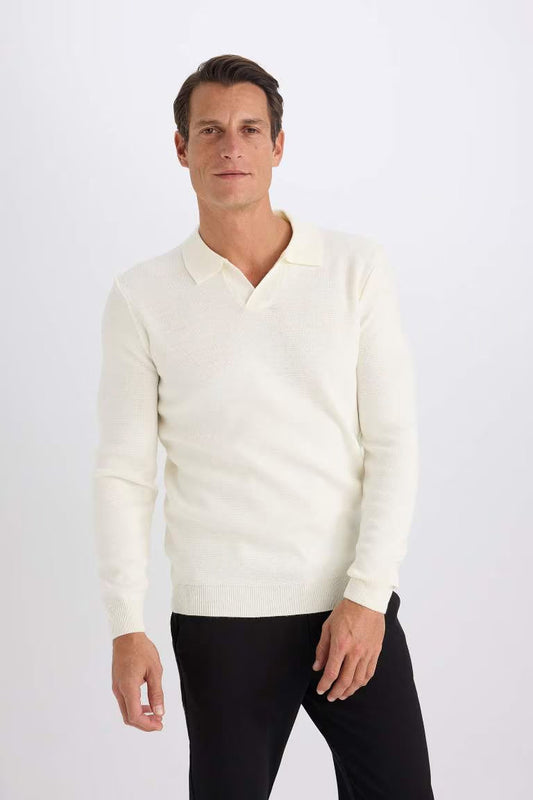 Standard Fit Polo Collar Knitwear Pullover - - Ecru