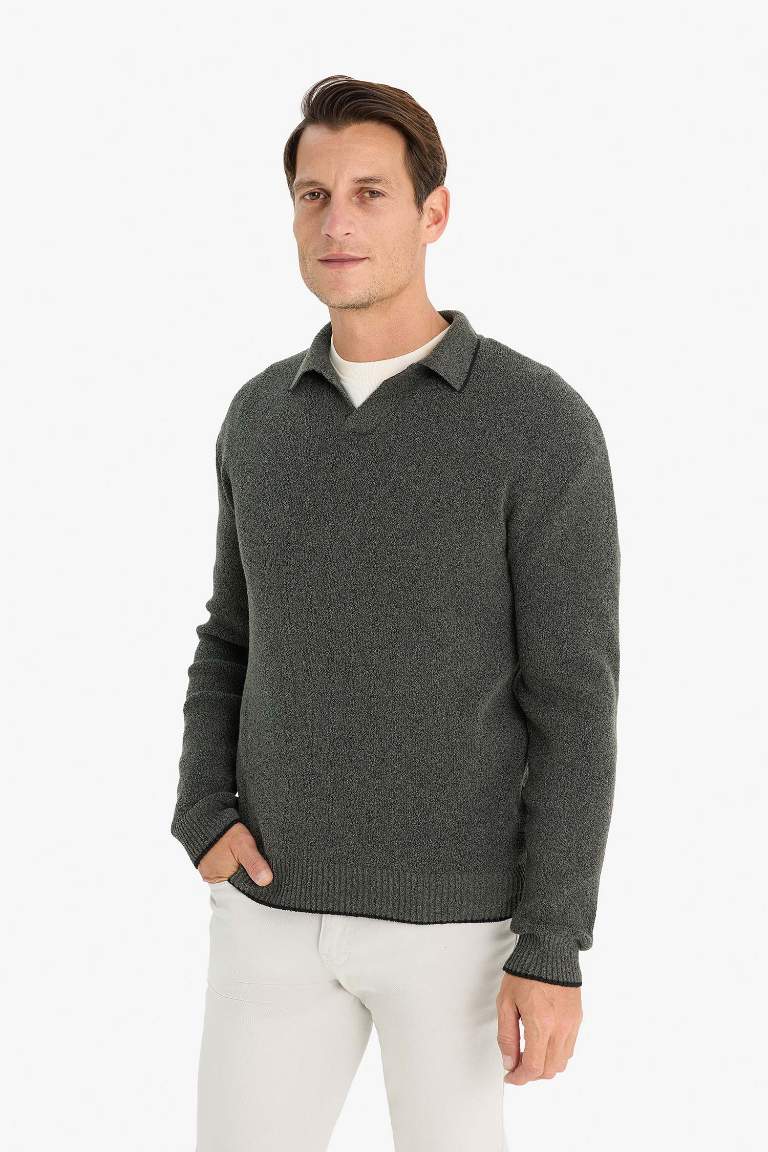 Standard Fit Polo Neck Knitted Pullover - -