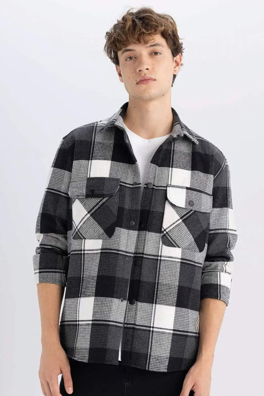 Relax Fit Checkered Cotton Long Sleeve Shirt - - Black