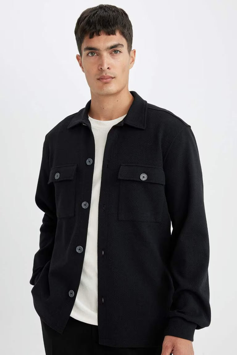 Regular Fit Polo Collar Twill Basic Shirt Jacket - - Black