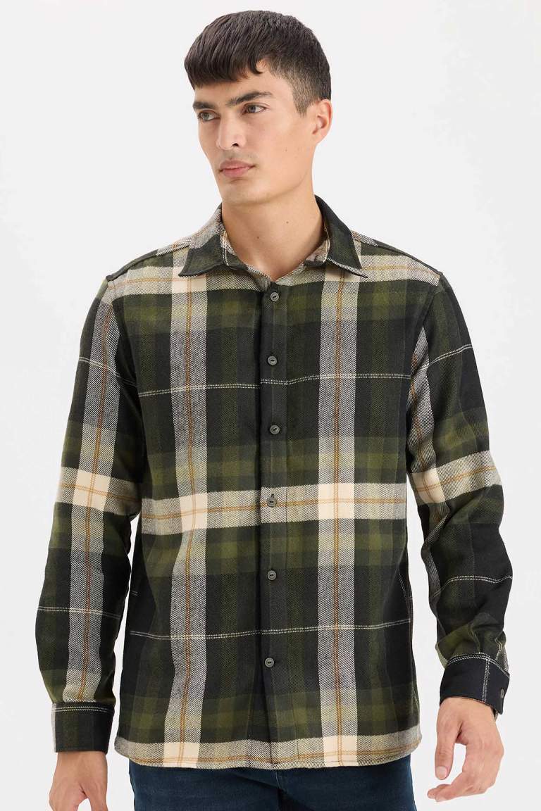 Regular Fit Flannel Long Sleeve Checkered Shirt - - Navy