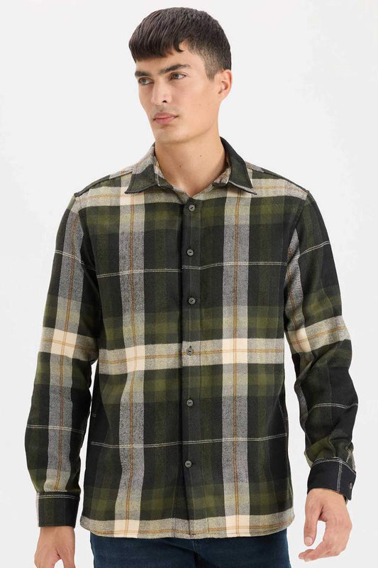 Regular Fit Flannel Long Sleeve Checkered Shirt - - Navy