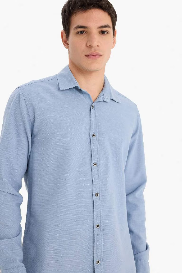 Slim Fit Cotton Long Sleeve Shirt - - Cornflower Blue