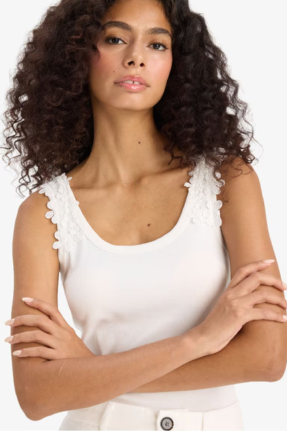 Slim Fit Ribana Round Collar Tank Top - -