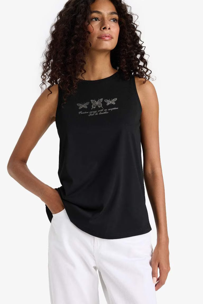 Relax Fit Printed Crew Neck Tank Top - -
