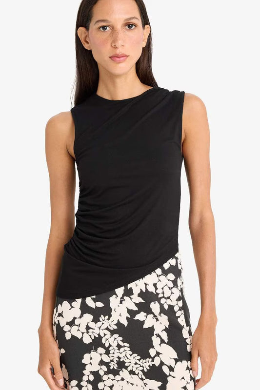 Slim Fit Basic Asymmetric Cut Draped Blouse - - Black