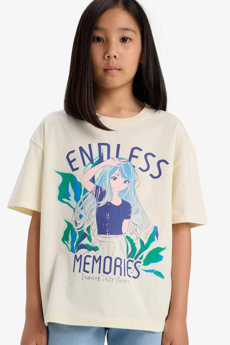 Girl Oversize Fit Crew Neck Slogan Printed T-shirt - - Ecru