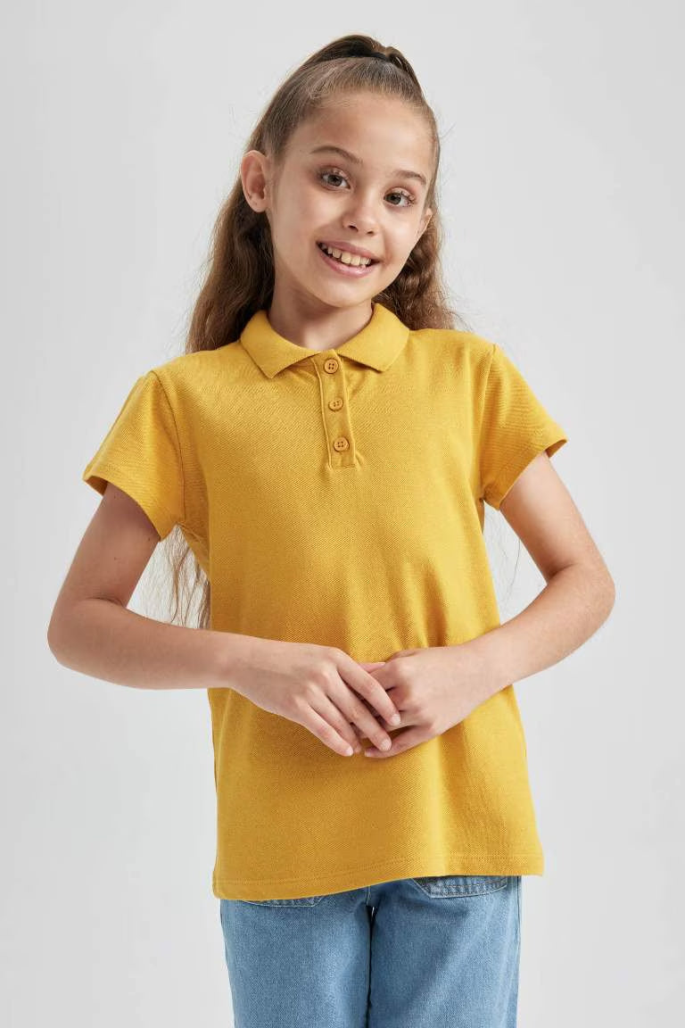 Girl Cotton Short Sleeve Basic Polo T-shirt - - Yellow