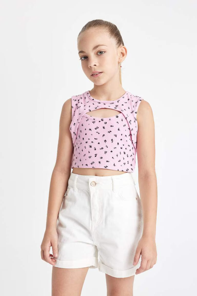 Girl Patterned Crop Top - - Pink