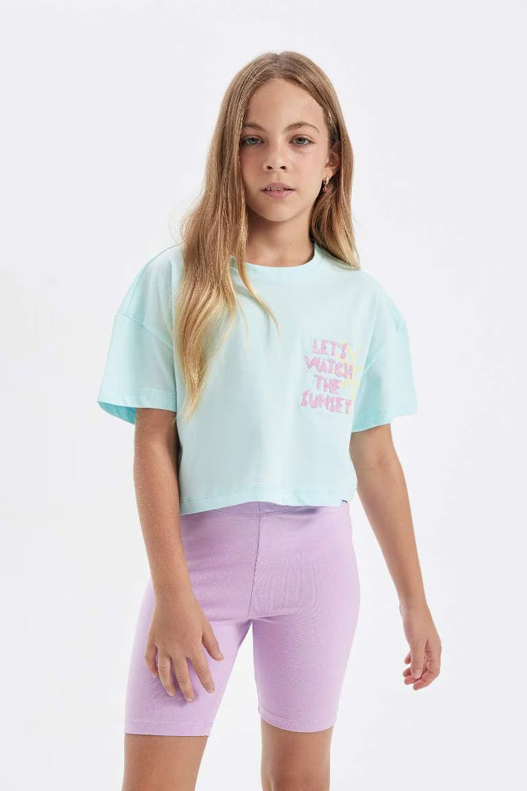 Girl Crew Neck Printed Crop T-Shirt - - light mint