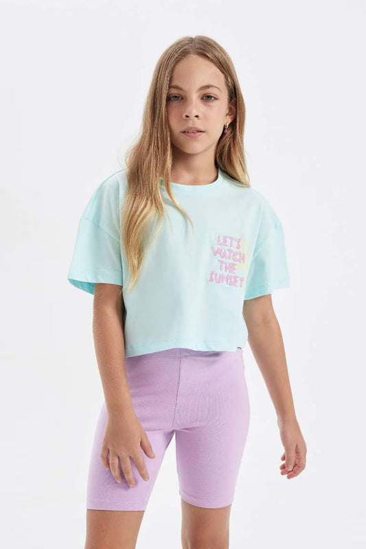 Girl Crew Neck Printed Crop T-Shirt - - light mint