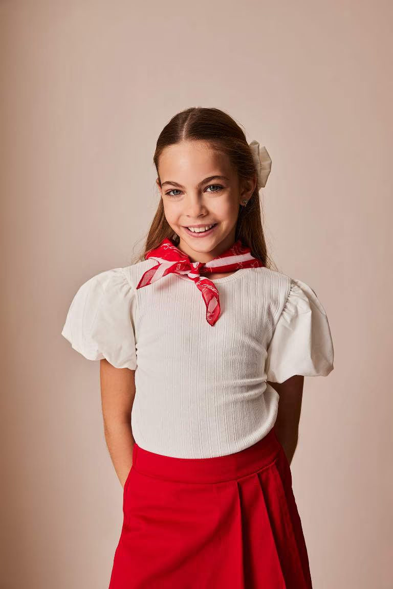 Girl Crew Neck Corduroy Short Sleeve T-shirt - -