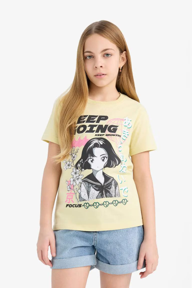 Girl Regular Fit Crew Neck Anime Printed T-Shirt - - light green