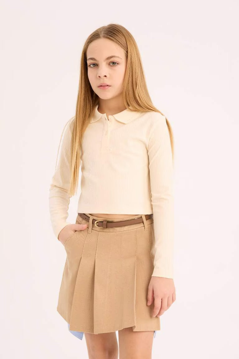Girl Slim Fit Ribbed Long Sleeve Polo T-Shirt - -