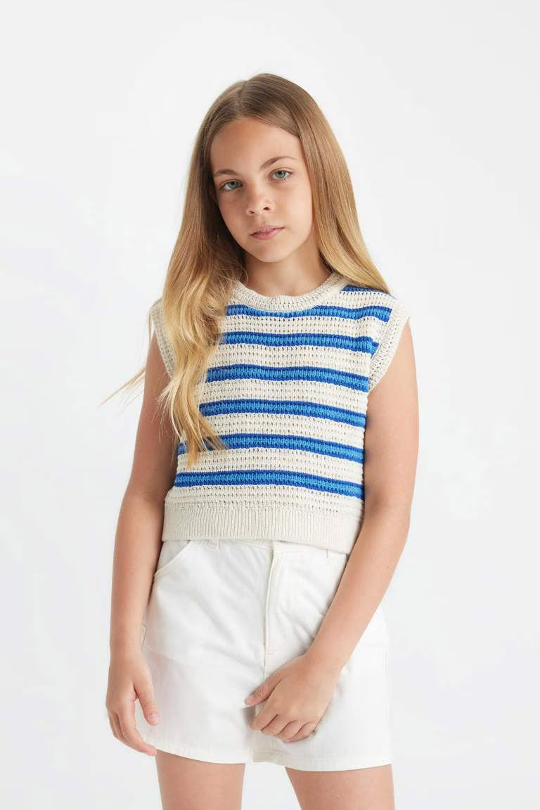 Girl Striped Openwork Crop Top - -