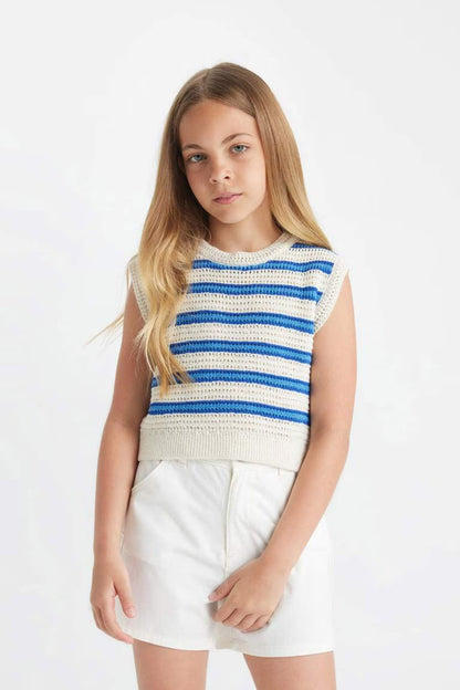Girl Striped Openwork Crop Top - -