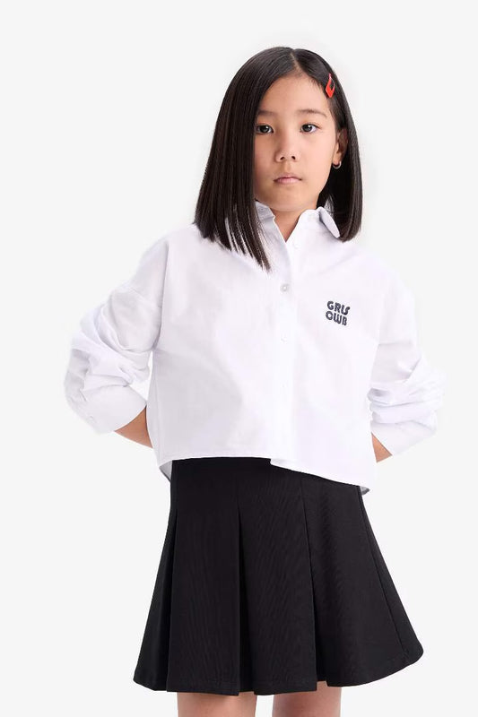 Girl Crop Oxford Long Sleeve Shirt - - White