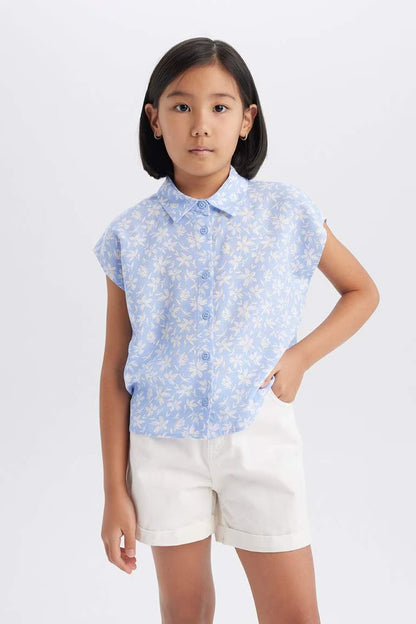 Girl Cotton Floral Short Sleeve Crop Shirt - - Floral