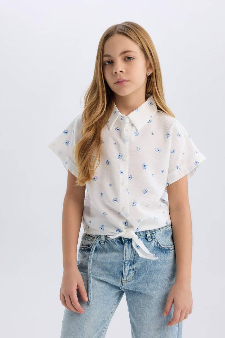 Girl Patterned Tie Detailed Crop Shirt - -