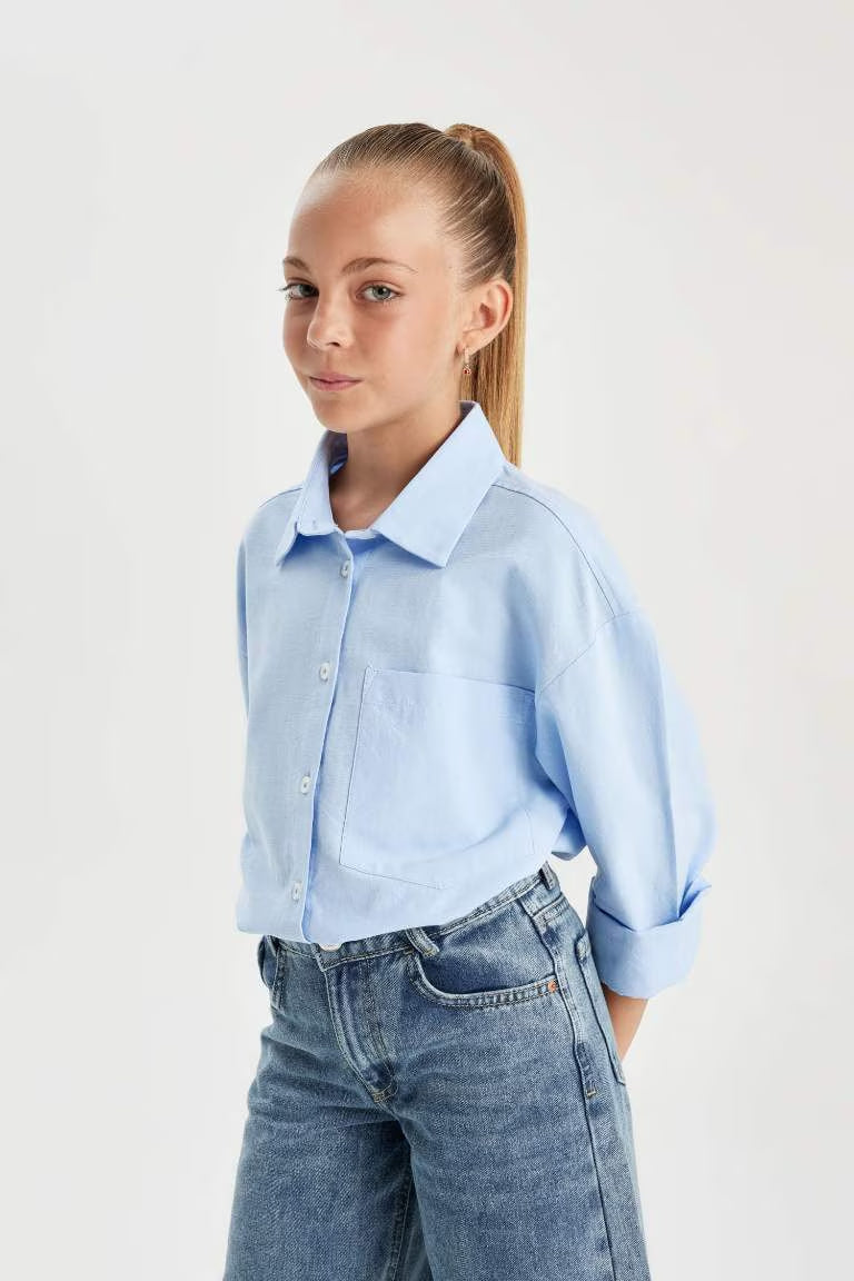Girl Oversize Fit Poplin Long Sleeve School Shirt - - blue