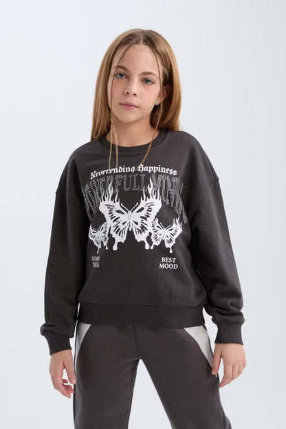 Girl Oversize Fit Pattern Crew Neck Printed Sweatshirt - -