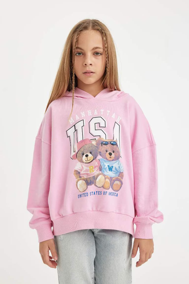 Girl Oversize Fit Hooded Bear Printed Sweatshirt - -