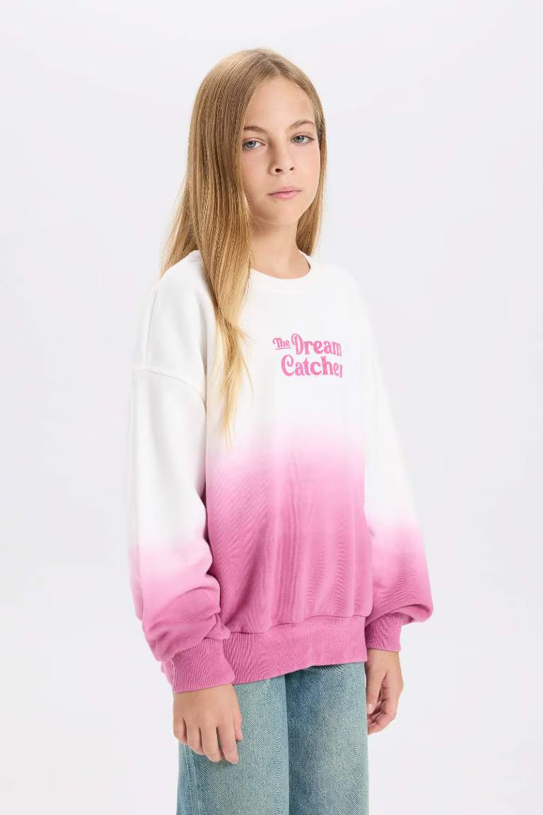 Girl Oversize Fit Crew Neck Printed Sweatshirt - -