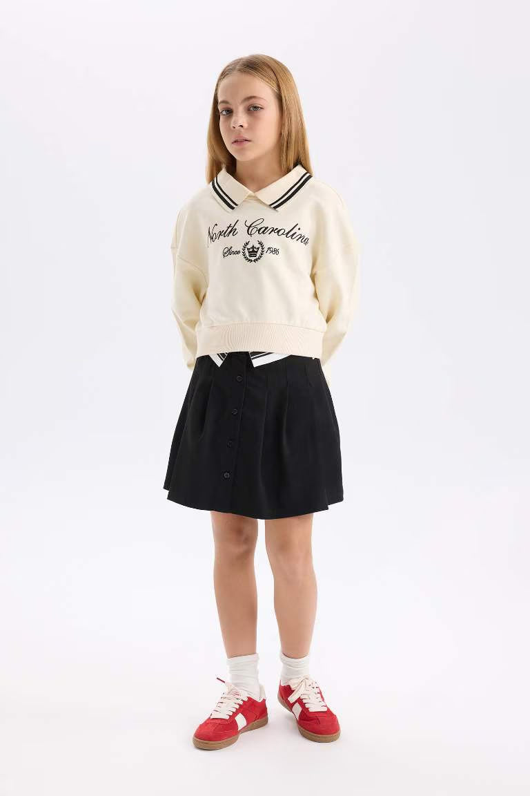 Girl Relax Fit Polo Neck Slogan Printed Sweatshirt - -