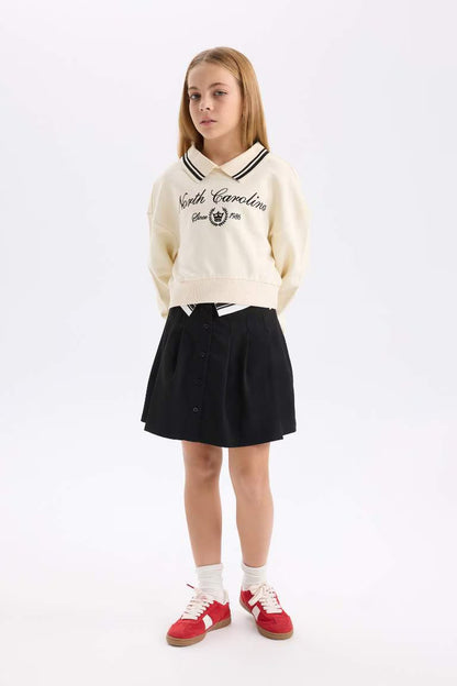 Girl Relax Fit Polo Neck Slogan Printed Sweatshirt - -