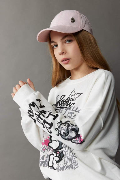 Girl Kuromi Oversize Fit Crew Neck Animal Patterned Sweatshirt - -