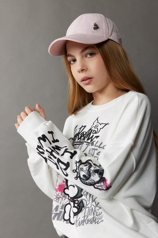 Girl Kuromi Oversize Fit Crew Neck Animal Patterned Sweatshirt - -