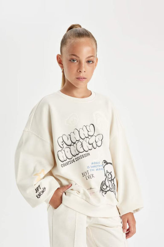 Girl Oversize Fit Printed Sweatshirt - - Ecru