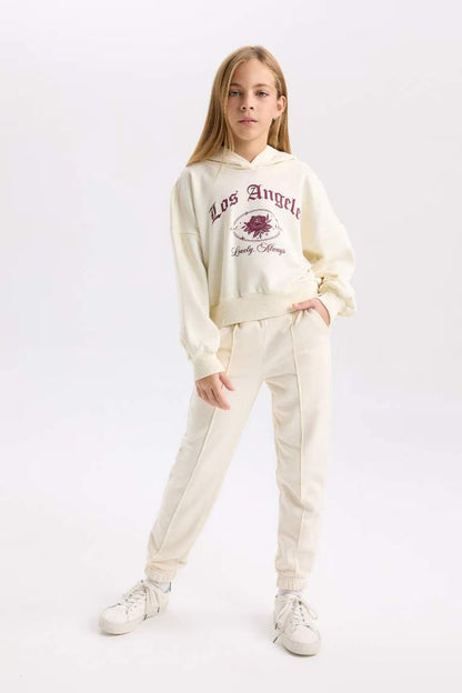 Girl Ecru Oversized Fit Hooded Printed Sweatshirt - -