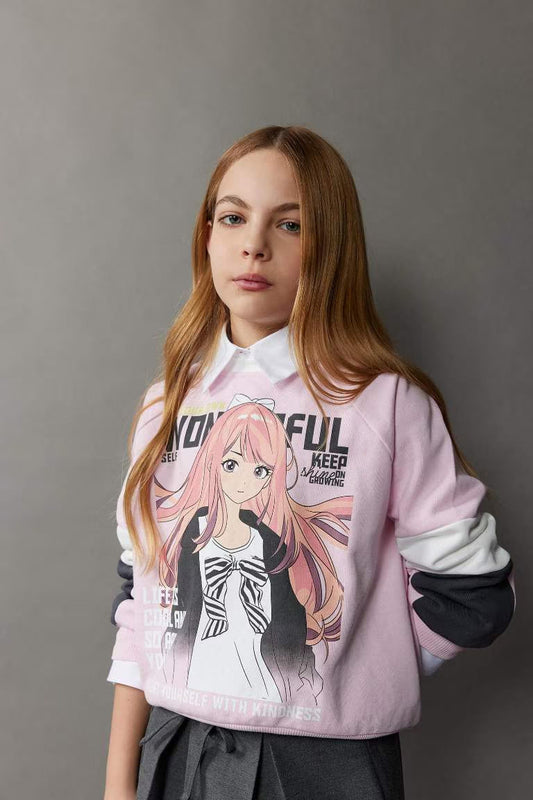 Girl Relax Fit Crew Neck Printed Sweatshirt - -