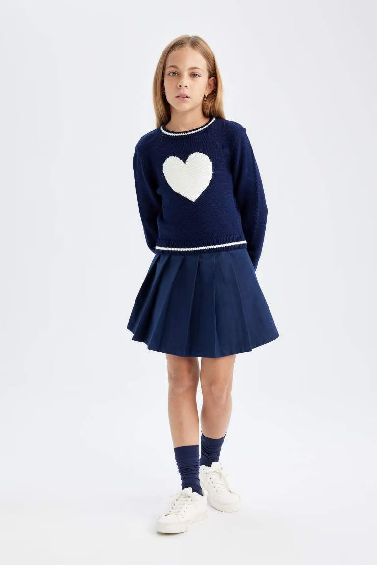 Girl Standard Fit Crew Neck Heart Knitted Pullover - - Navy