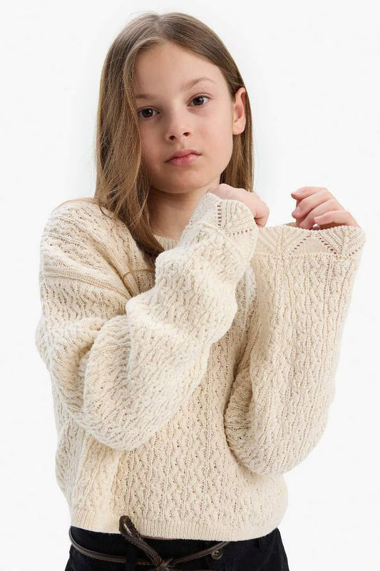 Girl Standard Fit Crew Neck Pullover - - Ecru