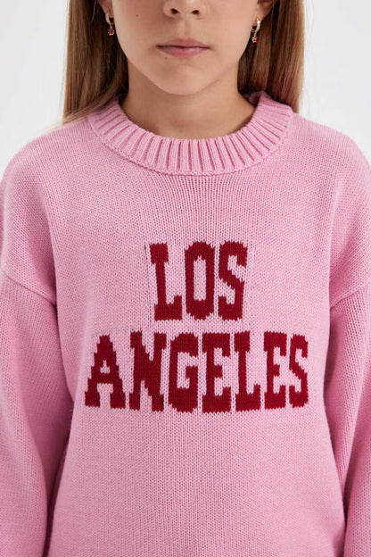 Girl Oversize Fit Crew Neck Written Patterned Knitted Pullover - -