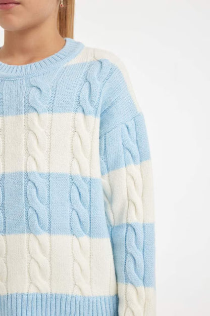 Girl Regular Fit Crew Neck Striped Knitted Pullover - -