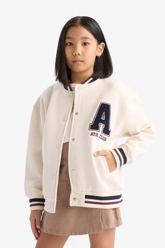 Girl University Back Printed College Collar Thick Fabric Bomber Jacket - - White