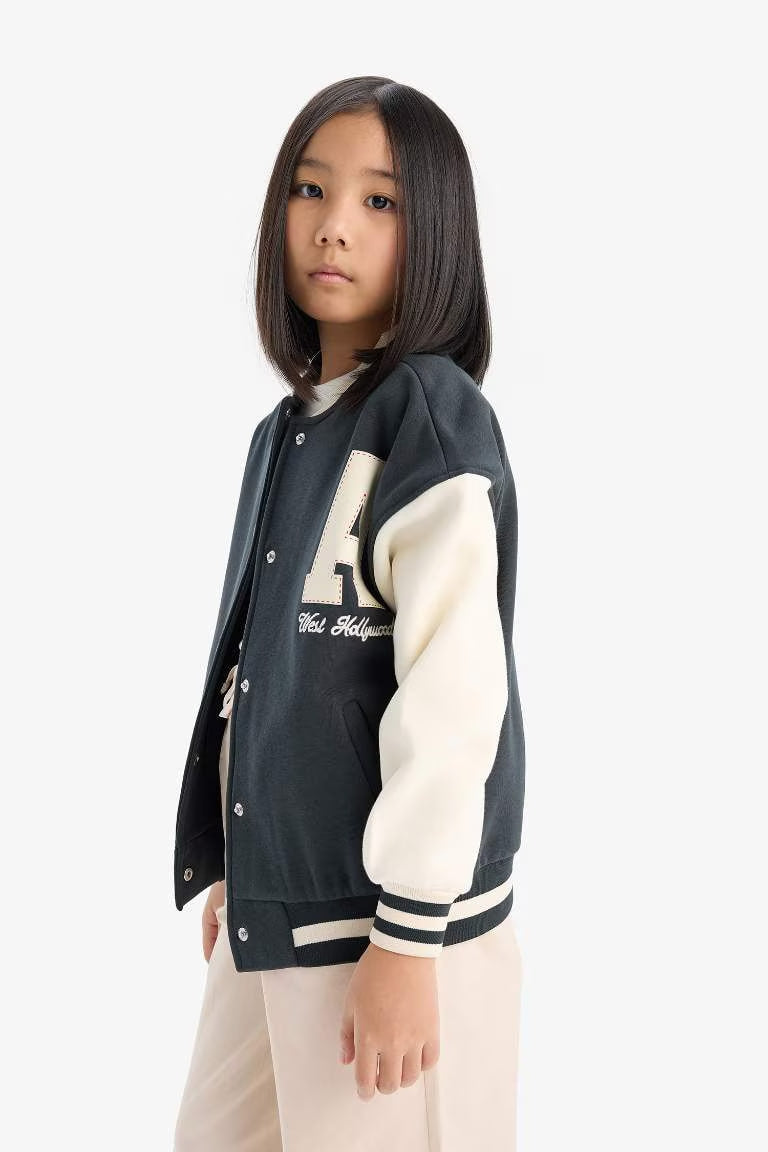 Girl Printed College Collar Soft Furry Inside Bomber Jacket - -